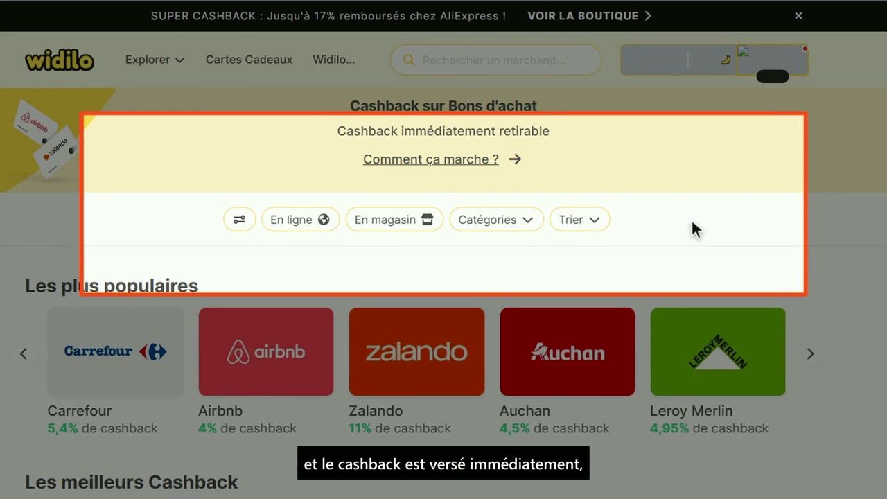 Capture du test de Widilo : Les cartes cadeaux