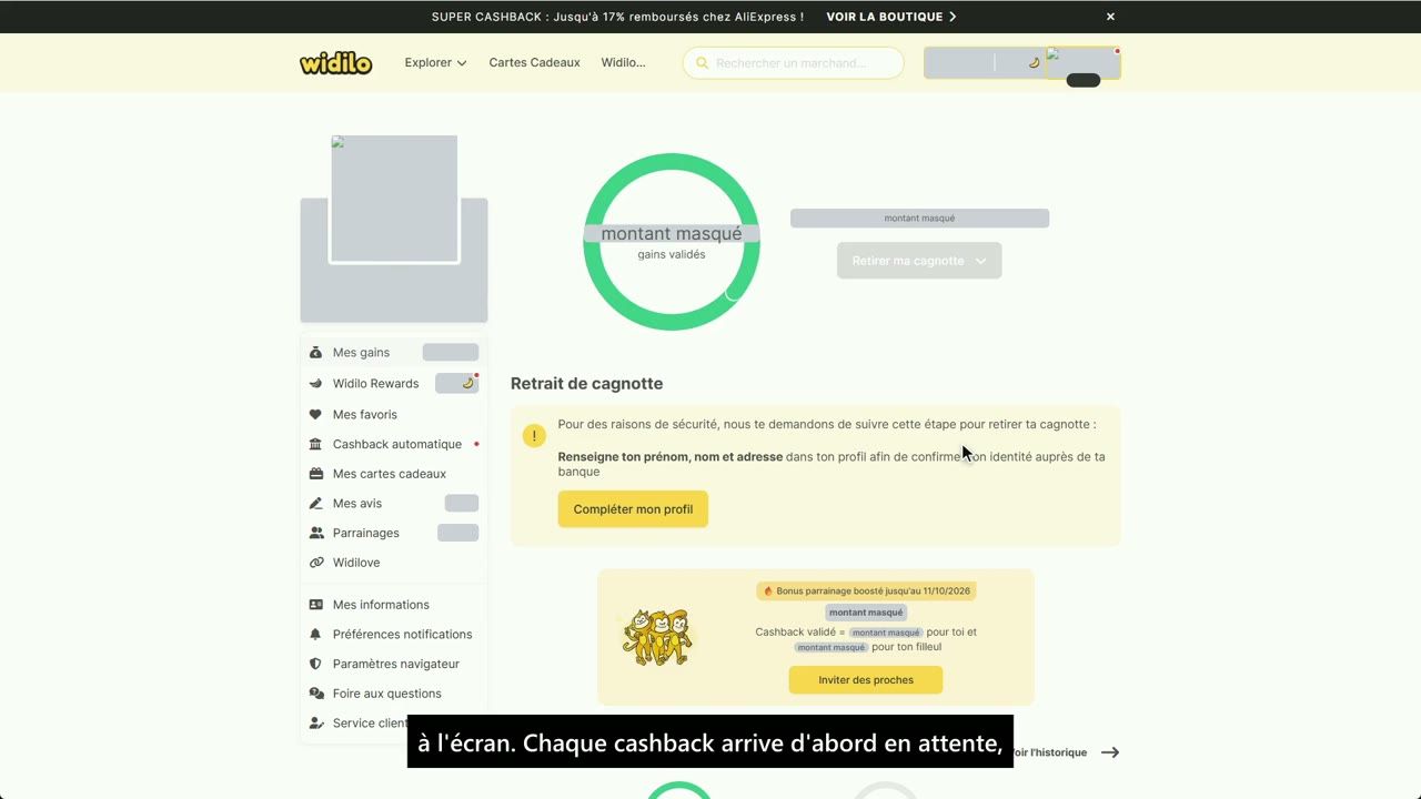 Capture du test de Widilo : Le compte et les retraits