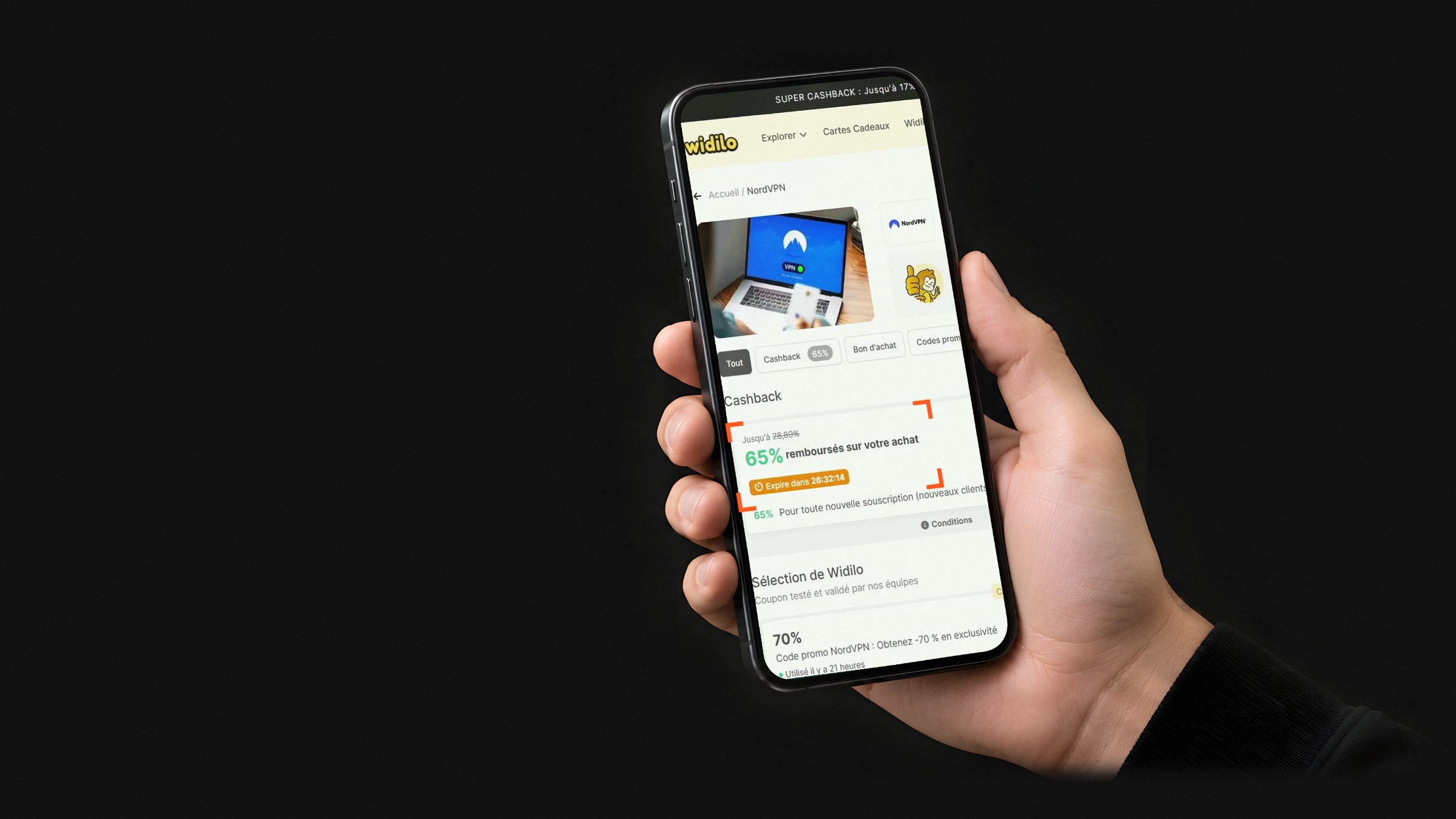 Un test en cours : la fiche marchand de Widilo sur un smartphone, capture réelle.