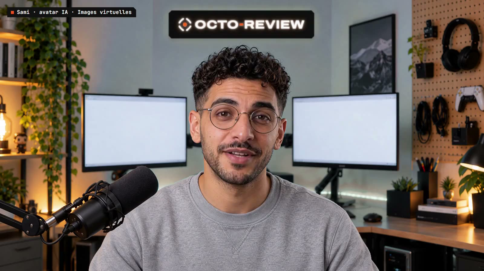 Sami sur le plateau du labo, face caméra, sous l’enseigne néon Octo-Review.